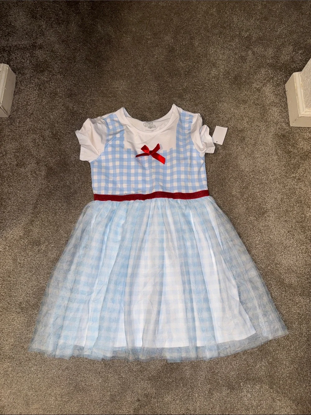 Blue Gingham Sparkle Tulle Kids Costume Dress with Red Bow